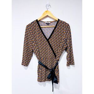 SAN FRANCISCO Brown navy‎ 70s print wrap top | Retro | Large